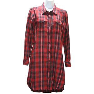 KAVU Red Plaid Flannel Shirt Dress Women S Elbow Patches Fall Festival Cabincore